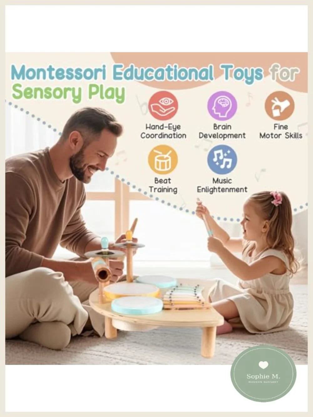 Wooden Drum Set for Toddlers - Montessori Musical Instruments with Xylophone